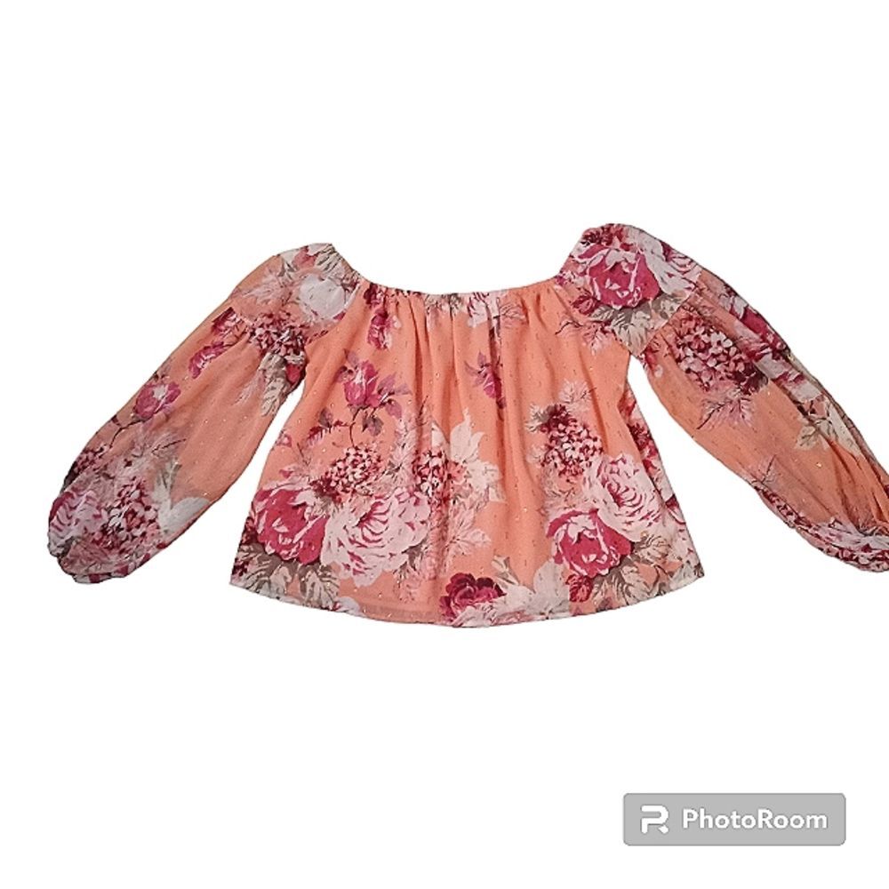 Beautiful Express Off the Shoulder Orange Blouse With Pink Roses Size M